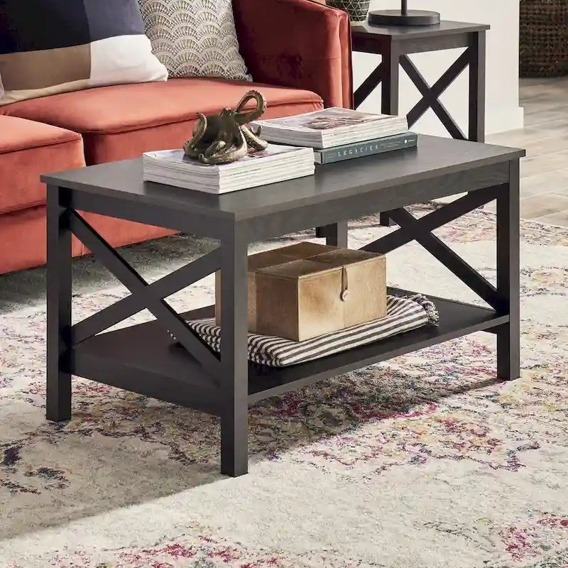 Table basse à deux niveaux The Gray Barn Xanadu Hill X-frame avec étagère