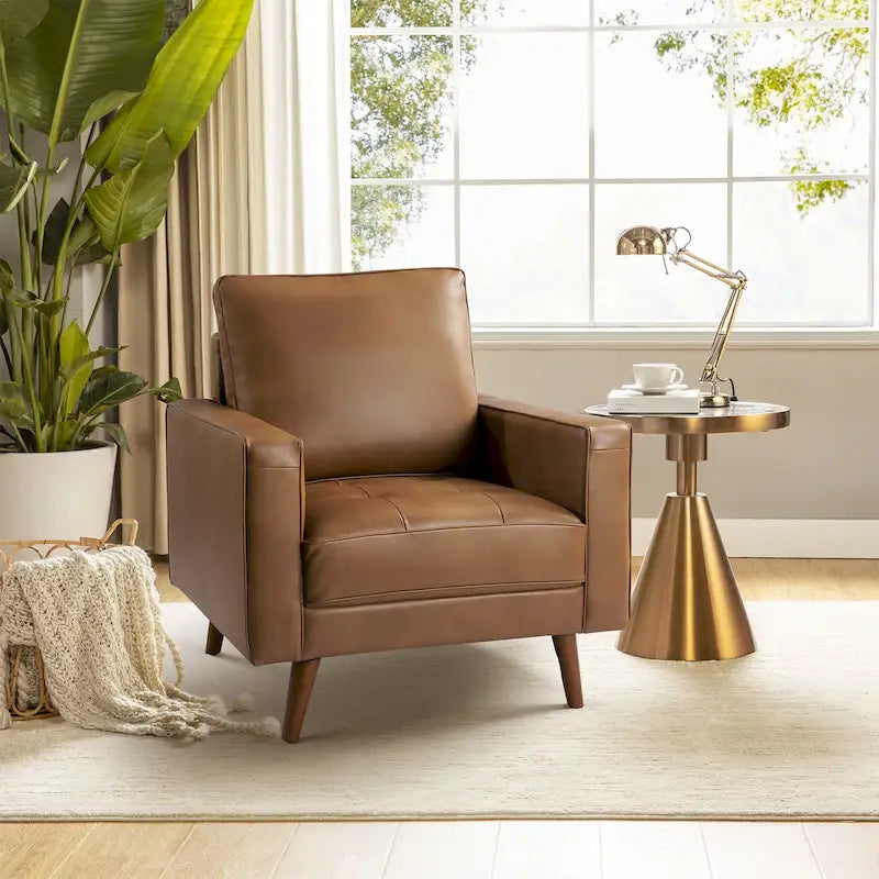 Elizabeth Mid-century Genuine Leather Arm Chair by HULALA HOME