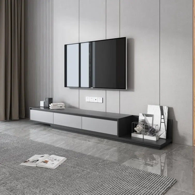 Meuble TV moderne extensible 118 cm avec 3 tiroirs spacieux, console multimédia à longueur réglable pour salon