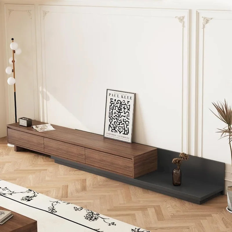Meuble TV moderne extensible 118 cm avec 3 tiroirs spacieux, console multimédia à longueur réglable pour salon