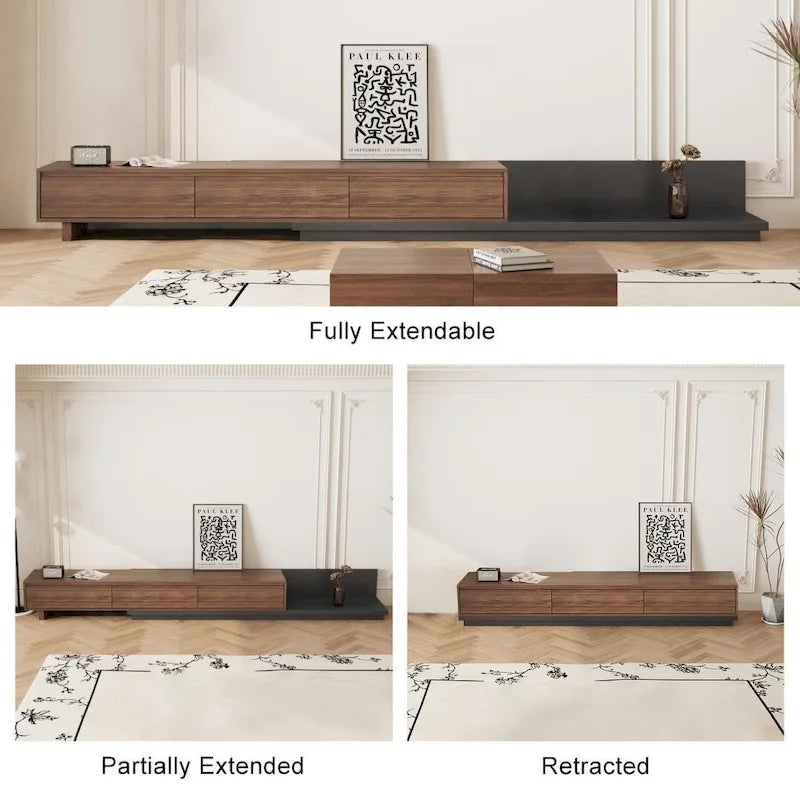 Meuble TV moderne extensible 118 cm avec 3 tiroirs spacieux, console multimédia à longueur réglable pour salon