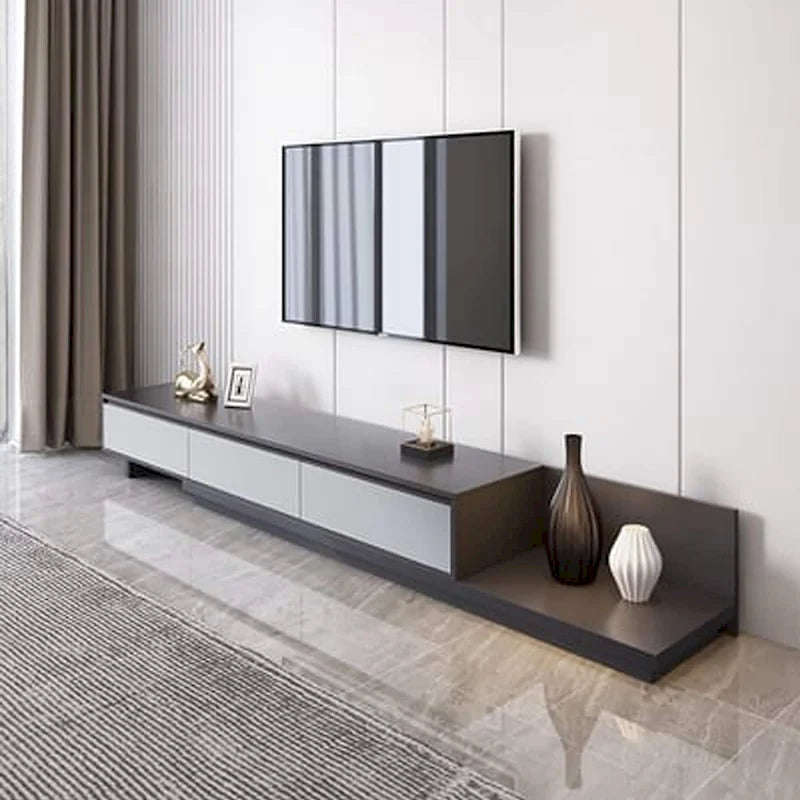 Meuble TV moderne extensible 118 cm avec 3 tiroirs spacieux, console multimédia à longueur réglable pour salon