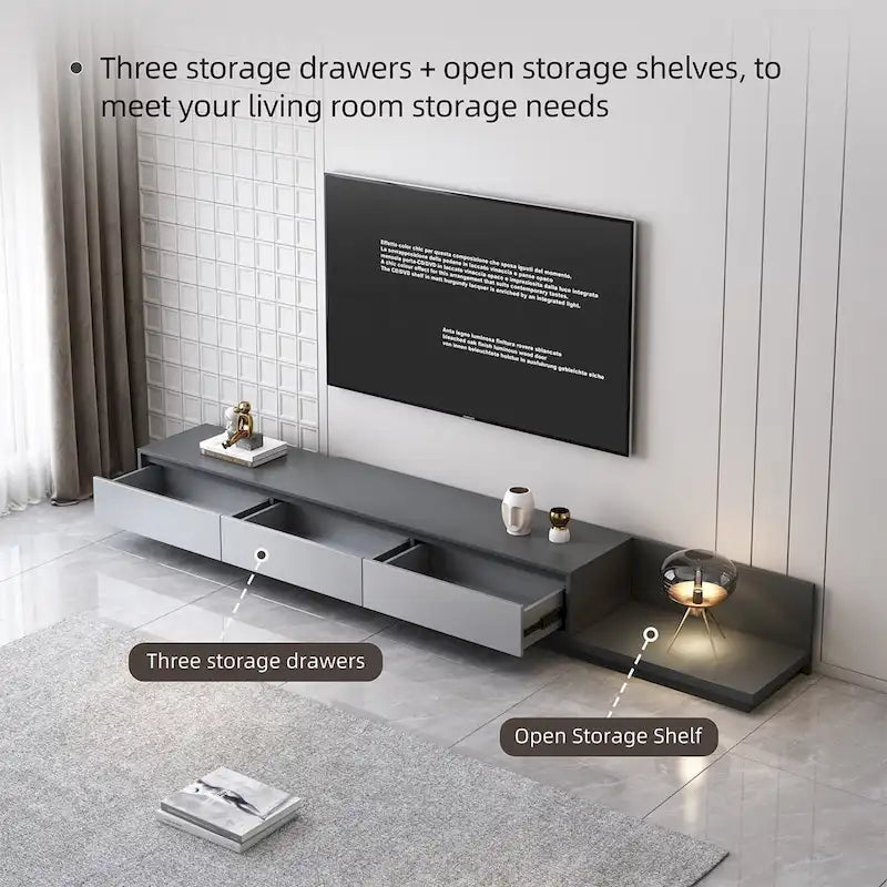 Meuble TV moderne extensible 118 cm avec 3 tiroirs spacieux, console multimédia à longueur réglable pour salon