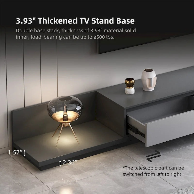 Meuble TV moderne extensible 118 cm avec 3 tiroirs spacieux, console multimédia à longueur réglable pour salon