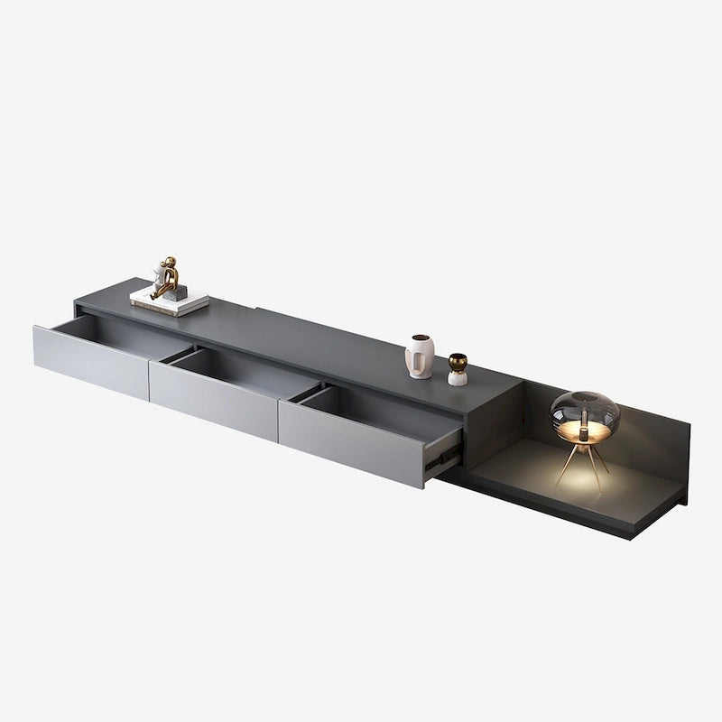 Meuble TV moderne extensible 118 cm avec 3 tiroirs spacieux, console multimédia à longueur réglable pour salon