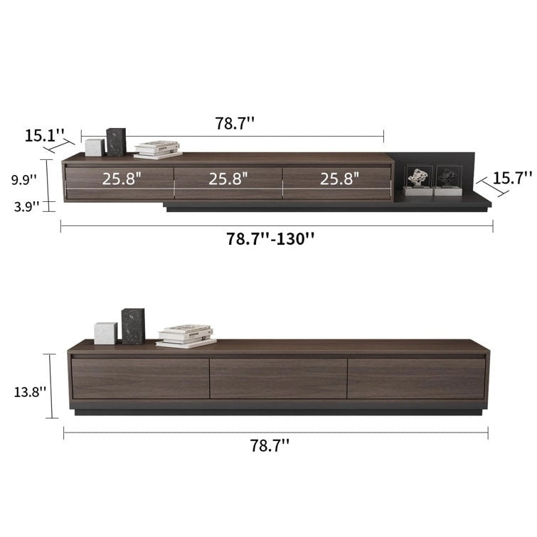 Meuble TV moderne extensible 118 cm avec 3 tiroirs spacieux, console multimédia à longueur réglable pour salon