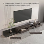 Meuble TV moderne extensible 118 cm avec 3 tiroirs spacieux, console multimédia à longueur réglable pour salon