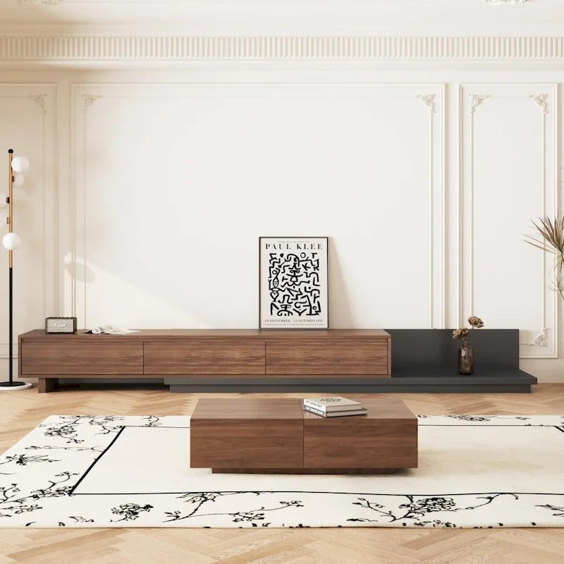 Meuble TV moderne extensible 118 cm avec 3 tiroirs spacieux, console multimédia à longueur réglable pour salon