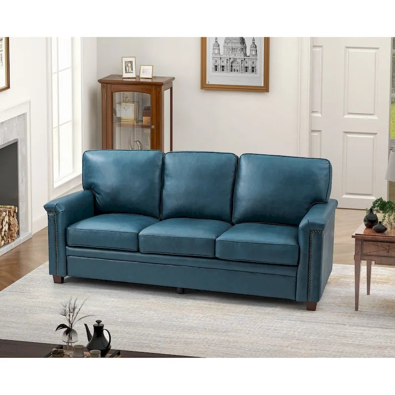 Rita Living Room 3-Seat Genuine Leather Sofa with Solid Wood Legs and Nailhead