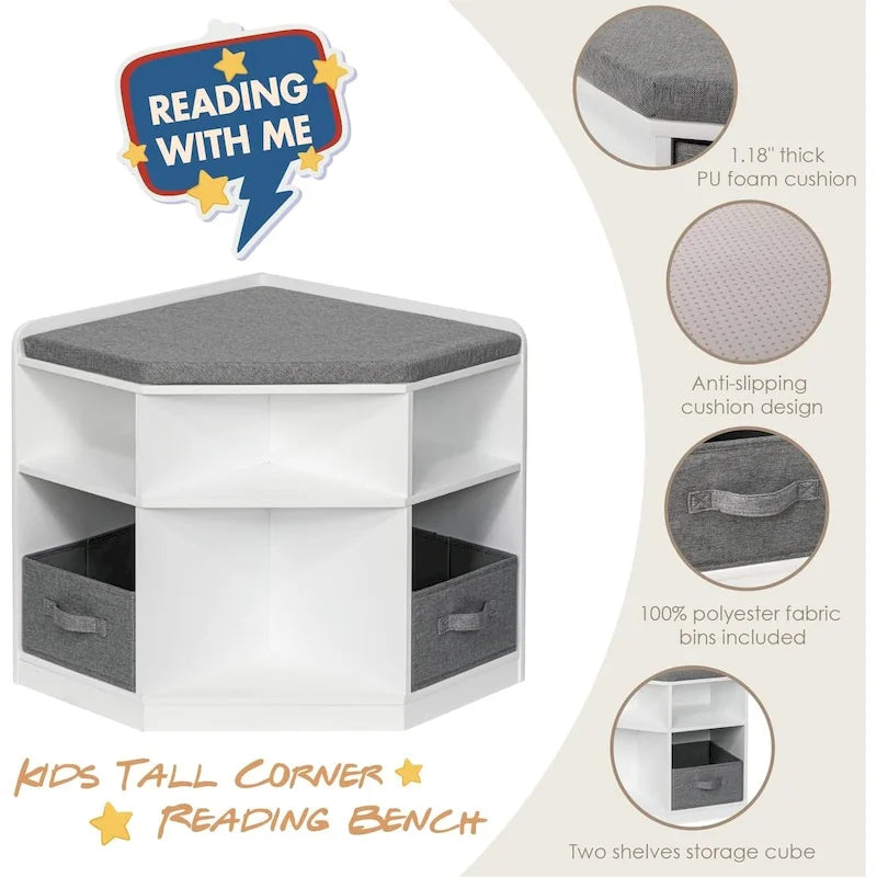 UTEX Corner Reading Nook, Bench with Storage, Corner Cabinet with 3 Cubbies for Living Room, Bedroom, White