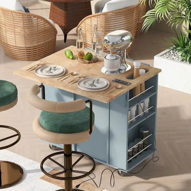 Carro de isla de cocina con tablero abatible, toma de corriente y botellero