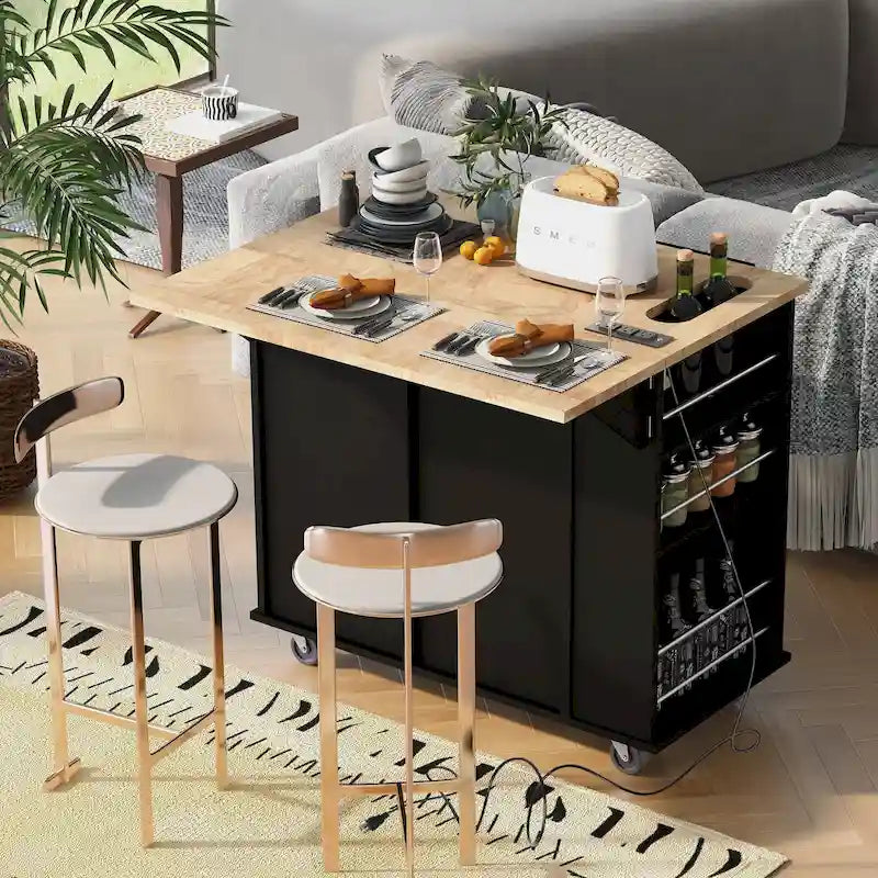 Carro de isla de cocina con tablero abatible, toma de corriente y botellero
