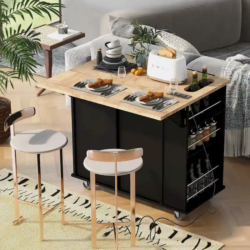 Carro de isla de cocina con tablero abatible, toma de corriente y botellero