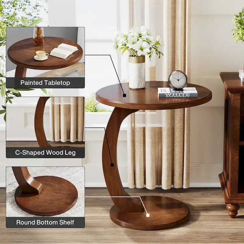 Table d'appoint ronde, Table d'appoint en bois en forme de C, Table d'appoint de canapé vintage
