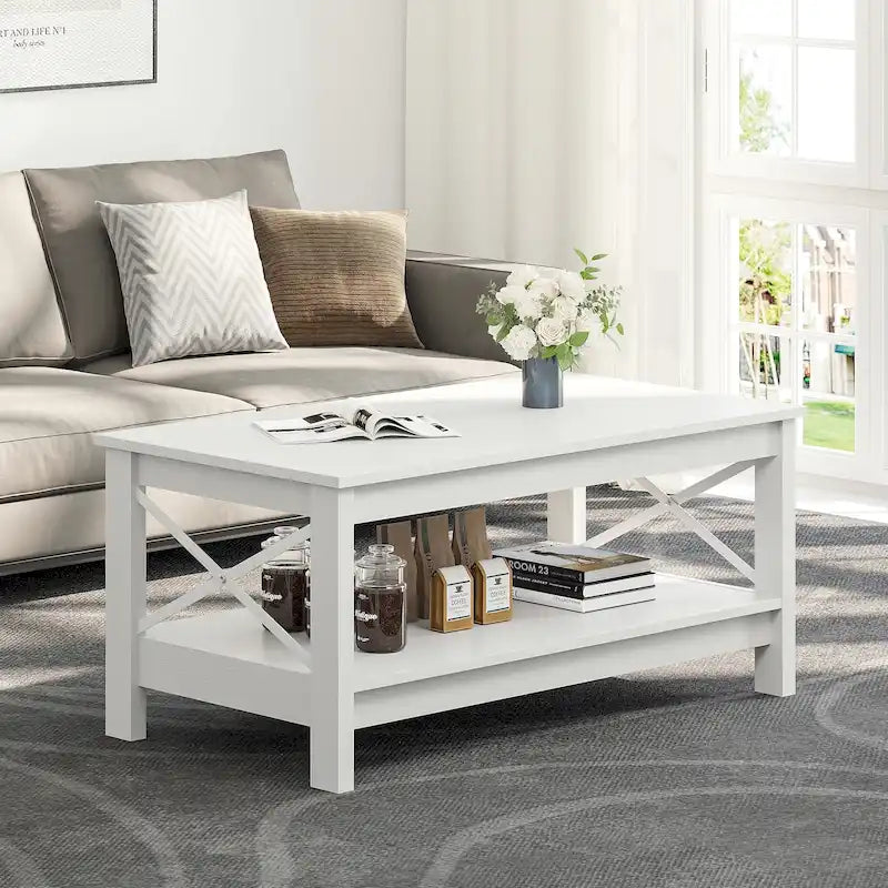 Farmhouse Wood Accent Coffee Table with Large Storage Shelf