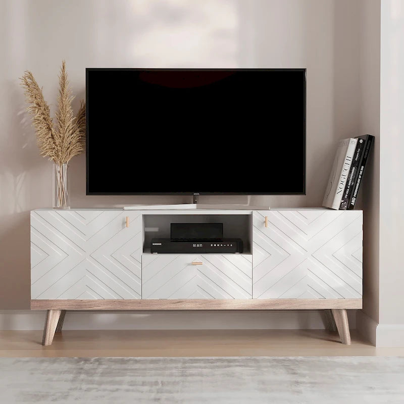 Living Skog Alba Beige TV Stand Console with Drawer Fits TV's up to 65 in. with Wood Legs Mid Century Modern Design