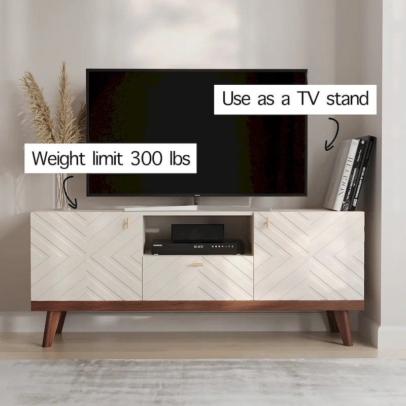 Living Skog Alba Beige TV Stand Console with Drawer Fits TV's up to 65 in. with Wood Legs Mid Century Modern Design