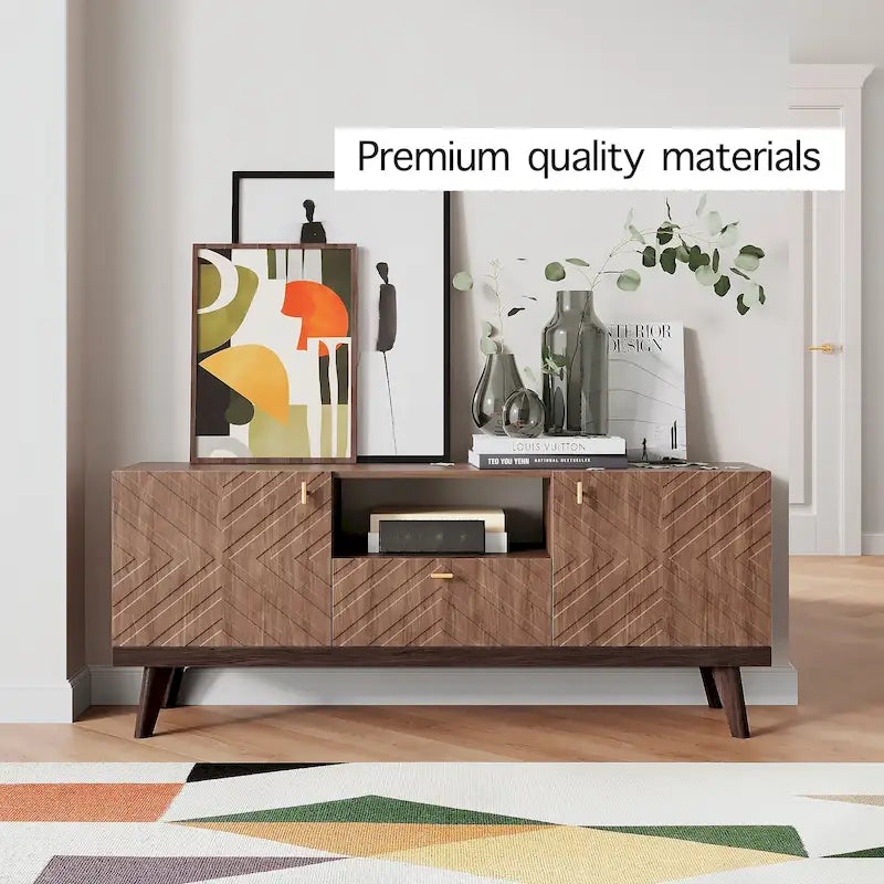 Living Skog Alba Beige TV Stand Console with Drawer Fits TV's up to 65 in. with Wood Legs Mid Century Modern Design