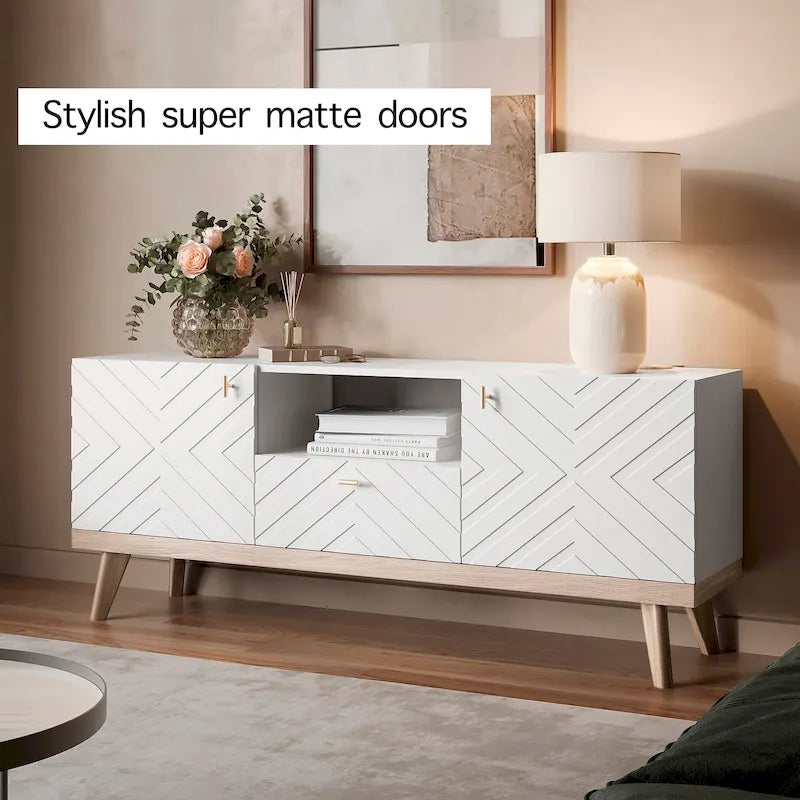 Living Skog Alba Beige TV Stand Console with Drawer Fits TV's up to 65 in. with Wood Legs Mid Century Modern Design