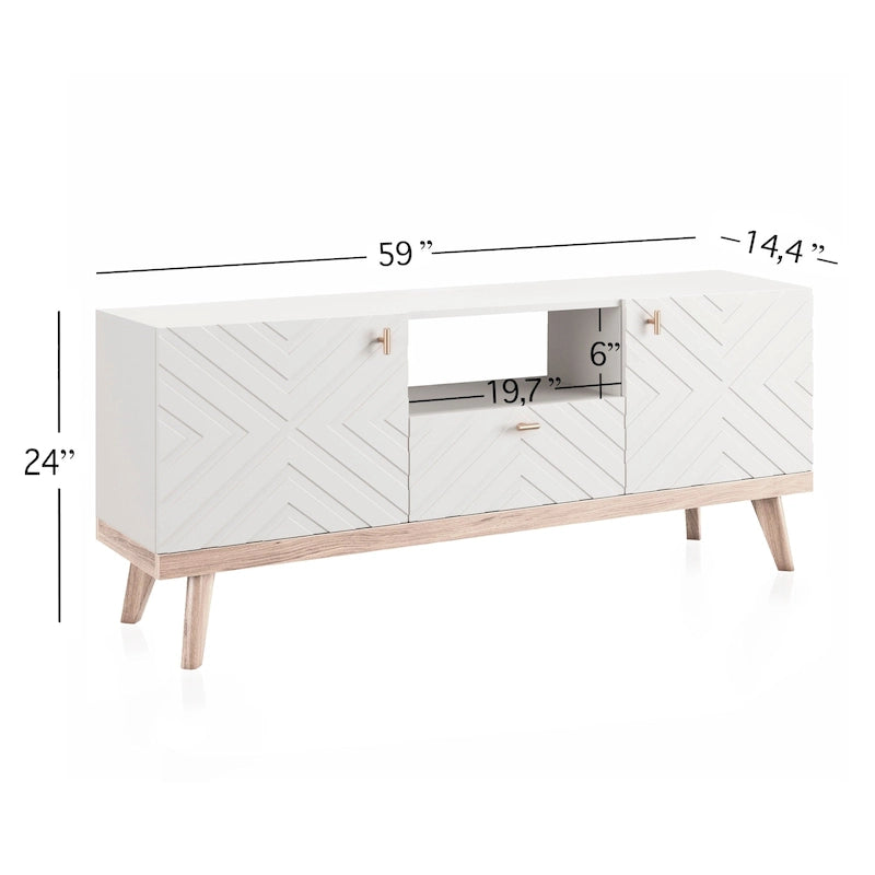 Living Skog Alba Beige TV Stand Console with Drawer Fits TV's up to 65 in. with Wood Legs Mid Century Modern Design