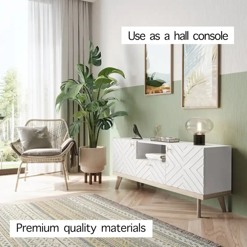 Living Skog Alba Beige TV Stand Console with Drawer Fits TV's up to 65 in. with Wood Legs Mid Century Modern Design