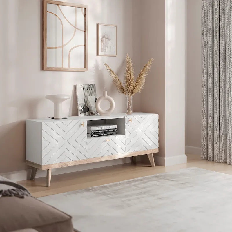 Living Skog Alba Beige TV Stand Console with Drawer Fits TV's up to 65 in. with Wood Legs Mid Century Modern Design