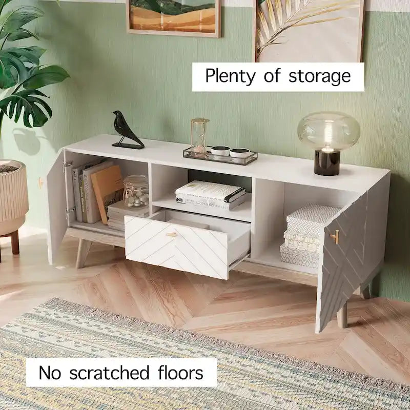 Living Skog Alba Beige TV Stand Console with Drawer Fits TV's up to 65 in. with Wood Legs Mid Century Modern Design