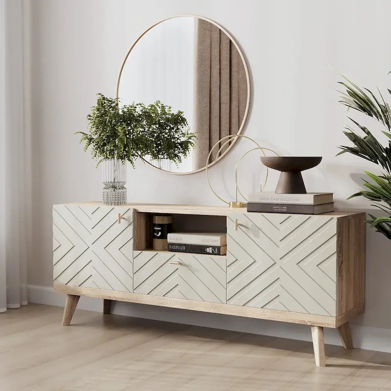 Living Skog Alba Beige TV Stand Console with Drawer Fits TV's up to 65 in. with Wood Legs Mid Century Modern Design
