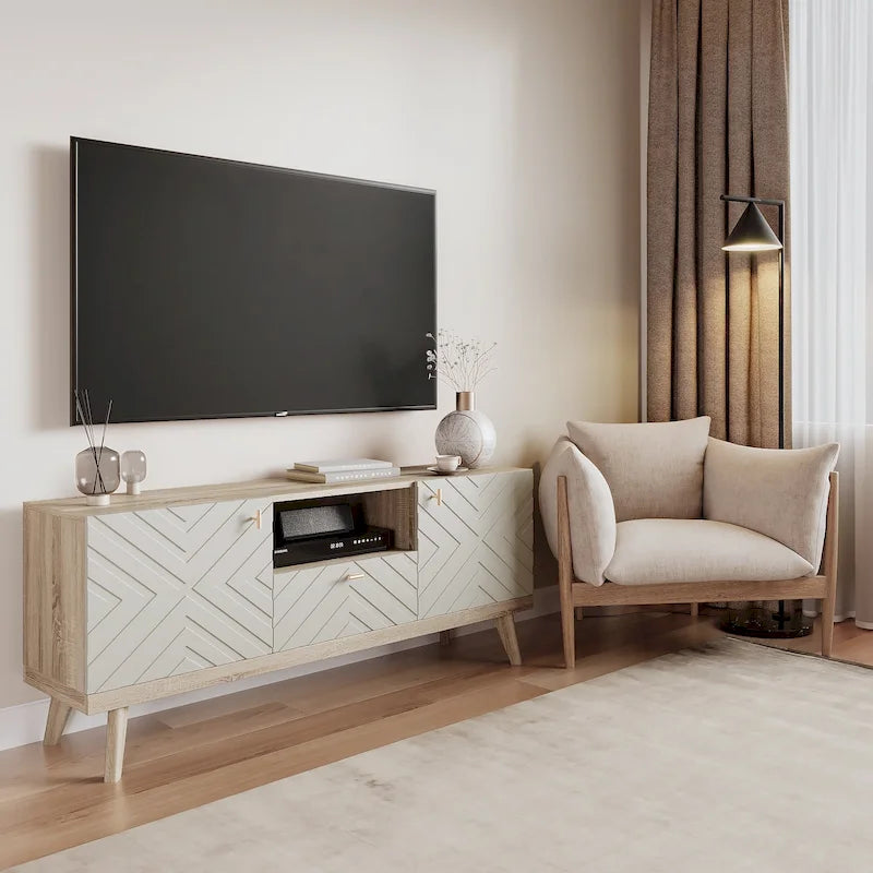 Living Skog Alba Beige TV Stand Console with Drawer Fits TV's up to 65 in. with Wood Legs Mid Century Modern Design