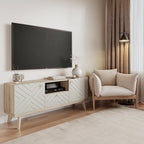 Living Skog Alba Beige TV Stand Console with Drawer Fits TV's up to 65 in. with Wood Legs Mid Century Modern Design