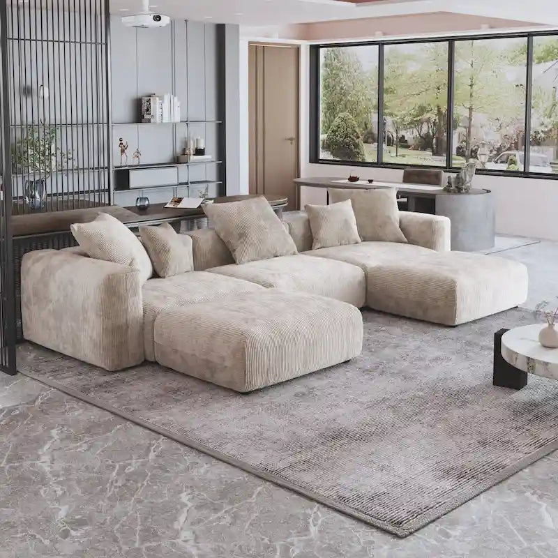 141.73 Modular Sectional Sofa, Corduroy U Shaped Sofa Couch with Ottomans