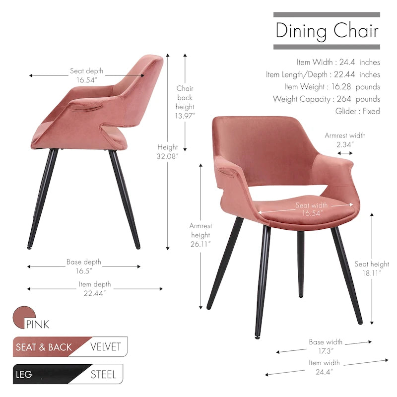 Porthos Home Fulco Chaise de salle à manger en velours de style Mid-century