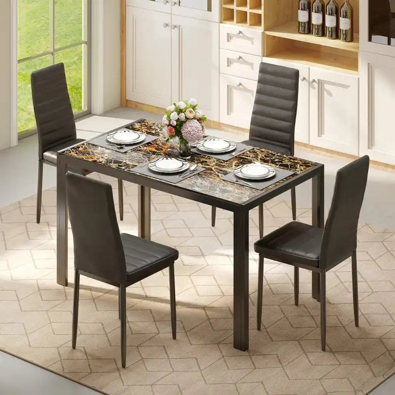 5 Pieces Glass Dining Table Set, 4 Person Modern Home Kitchen Chairs with High Back PU Leather Dining Chairs