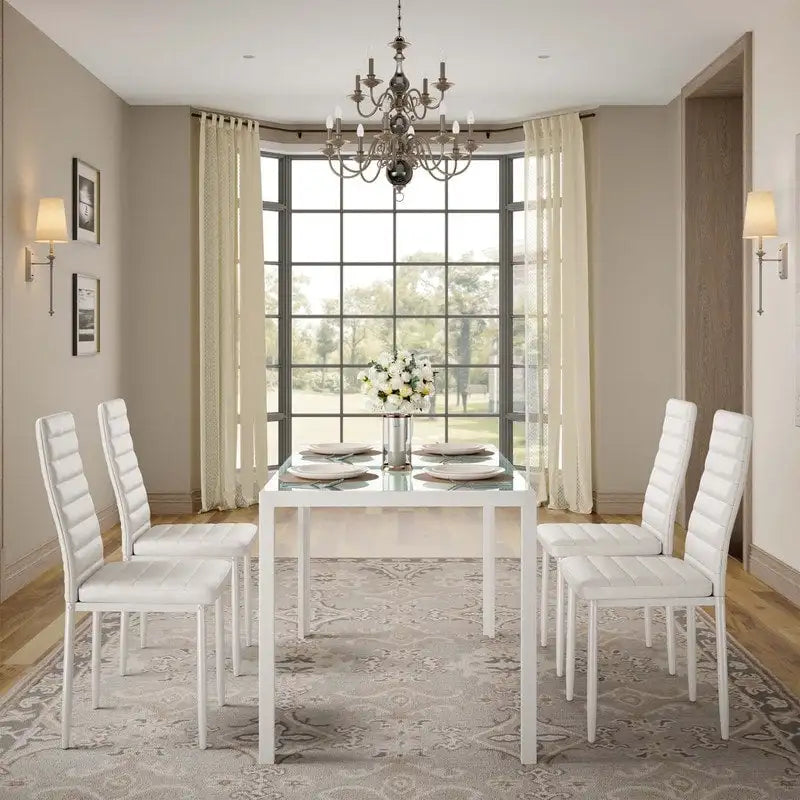 5 Pieces Glass Dining Table Set, 4 Person Modern Home Kitchen Chairs with High Back PU Leather Dining Chairs