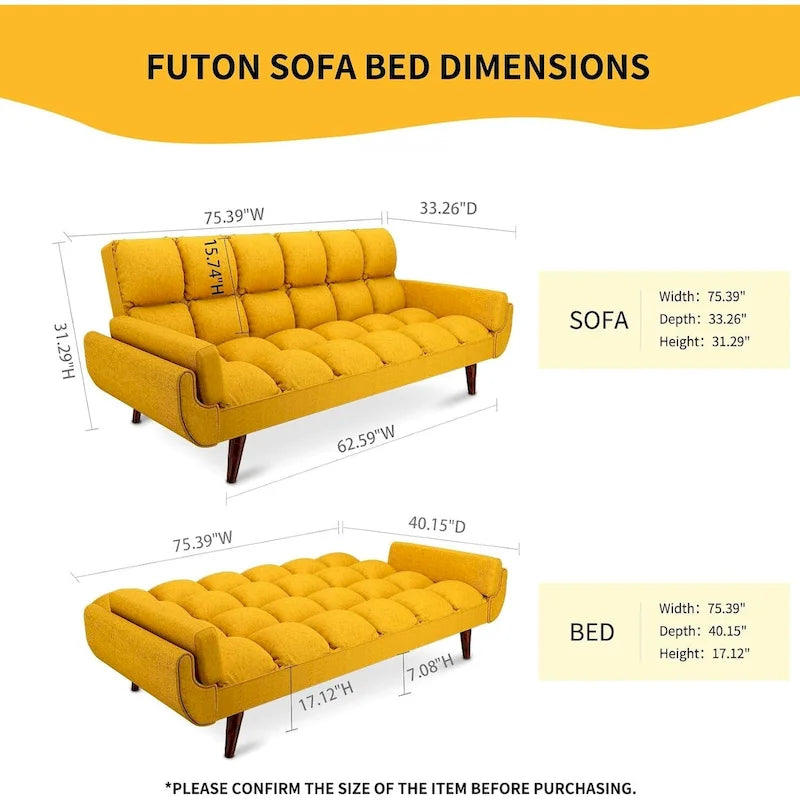 75.39 INCH Futon Sofa Bed, Convertible Folding Futon Couch Recliner Lounge For Living Room With 2 Pillow/Armrest