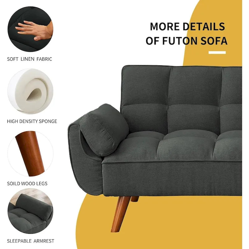 75.39 INCH Futon Sofa Bed, Convertible Folding Futon Couch Recliner Lounge For Living Room With 2 Pillow/Armrest