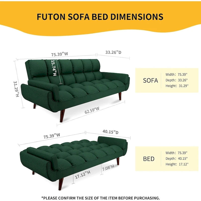75.39 INCH Futon Sofa Bed, Convertible Folding Futon Couch Recliner Lounge For Living Room With 2 Pillow/Armrest