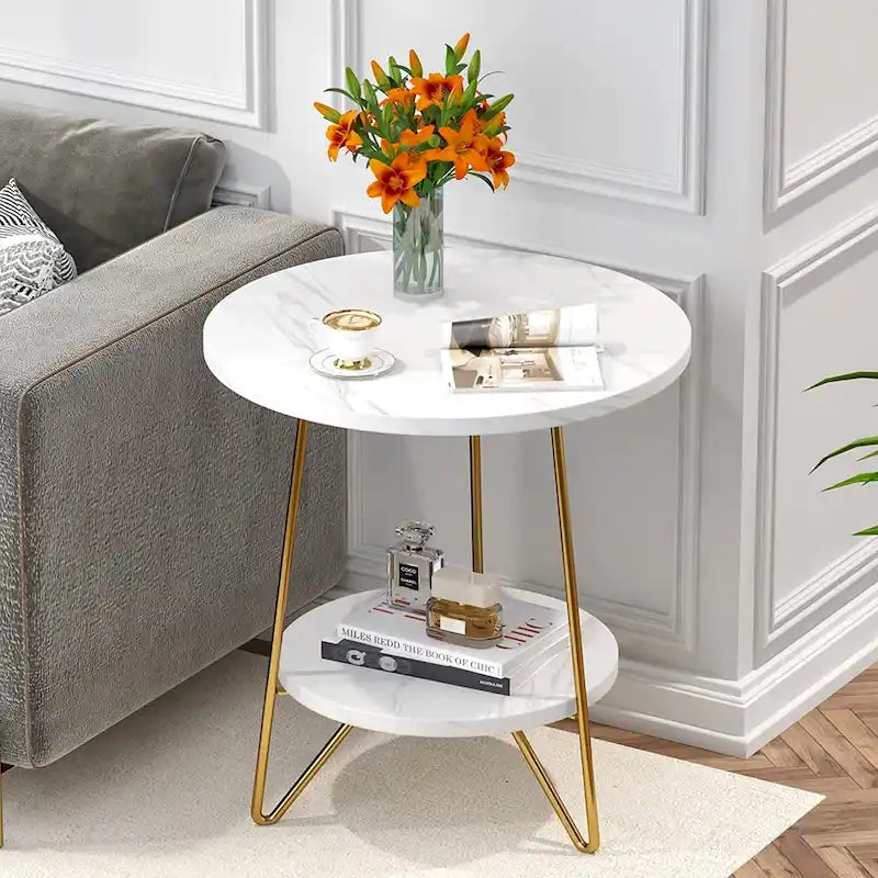 Round End Table, 2 Tier Wood Sofa Side Table for Living Room Bedroom