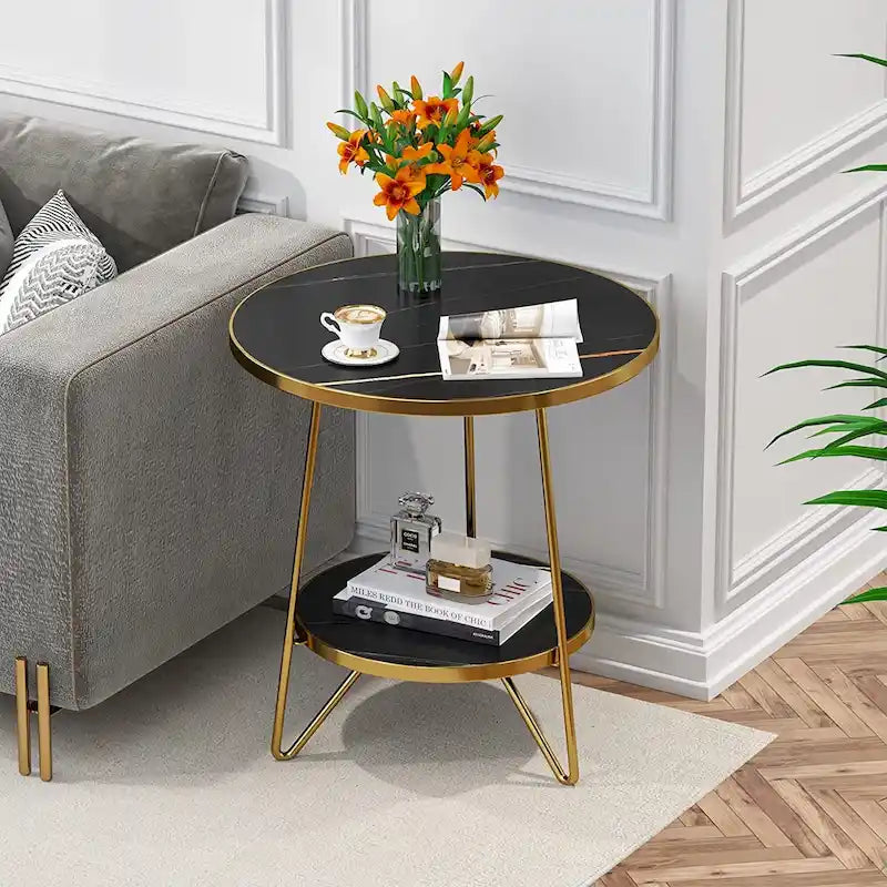 Round End Table, 2 Tier Wood Sofa Side Table for Living Room Bedroom