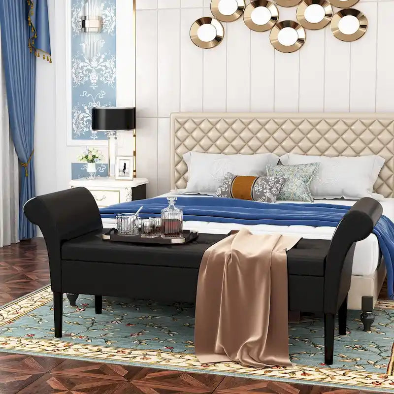 Banc de rangement ottoman avec accoudoirs, capitonné, pour chambre à coucher, entrée, repose-pieds avec grand espace de rangement