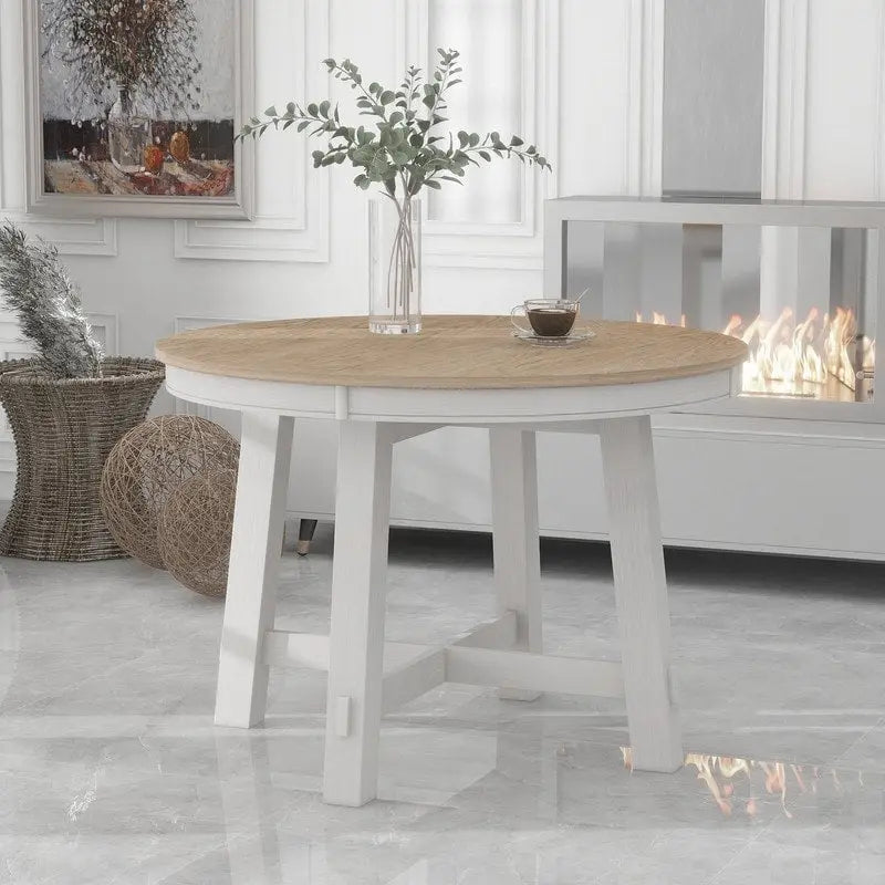 Farmhouse Round Extendable Dining Table with 16 Leaf Wood
