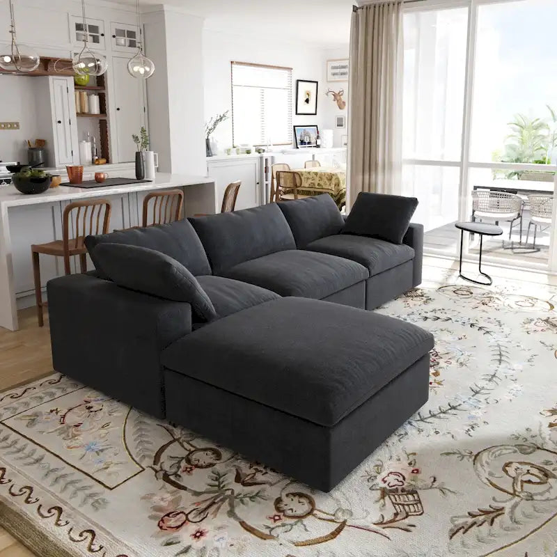 L-shape Linen Sectional Sofa Upholstered Sofa Multiple Cushions Couch with Storage Ottoman