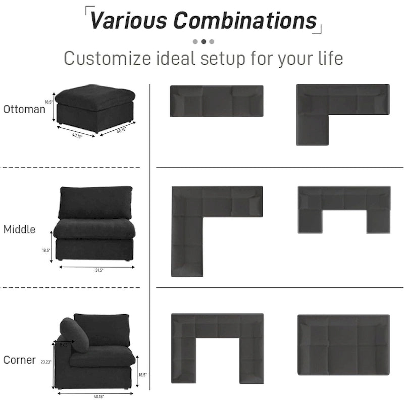 L-shape Linen Sectional Sofa Upholstered Sofa Multiple Cushions Couch with Storage Ottoman