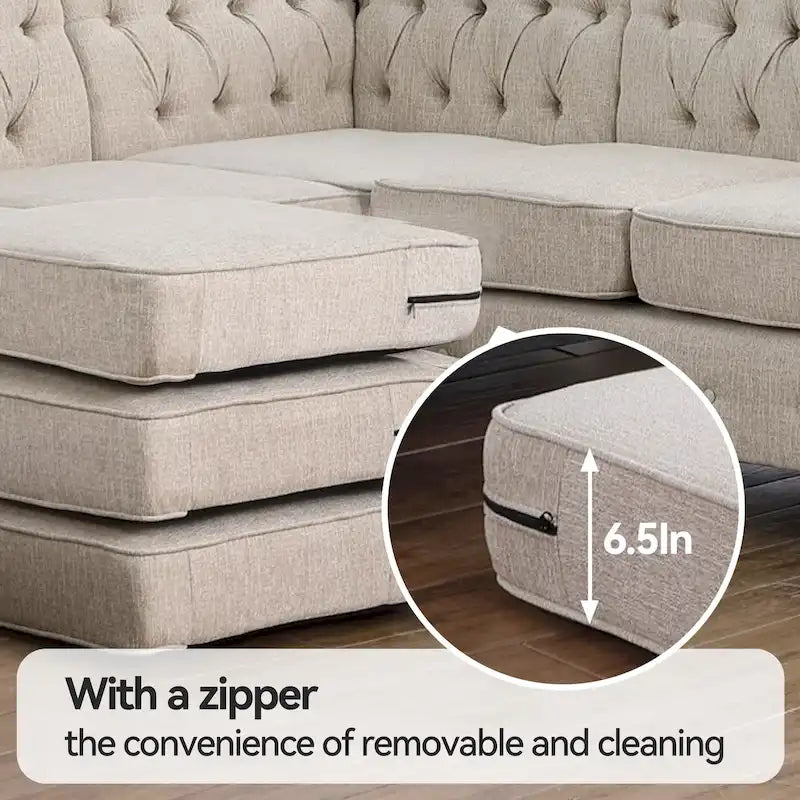 Chesterfield Sectional Sofa with Ottoman and 6 Pillows U-Shape Linen Fabric Sofa with Chaise and Rubberwood Legs for Living Room