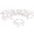 Chesterfield Sectional Sofa with Ottoman and 6 Pillows U-Shape Linen Fabric Sofa with Chaise and Rubberwood Legs for Living Room