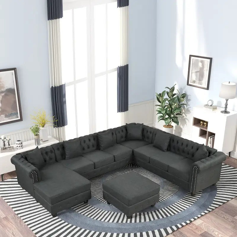 Chesterfield Sectional Sofa with Ottoman and 6 Pillows U-Shape Linen Fabric Sofa with Chaise and Rubberwood Legs for Living Room