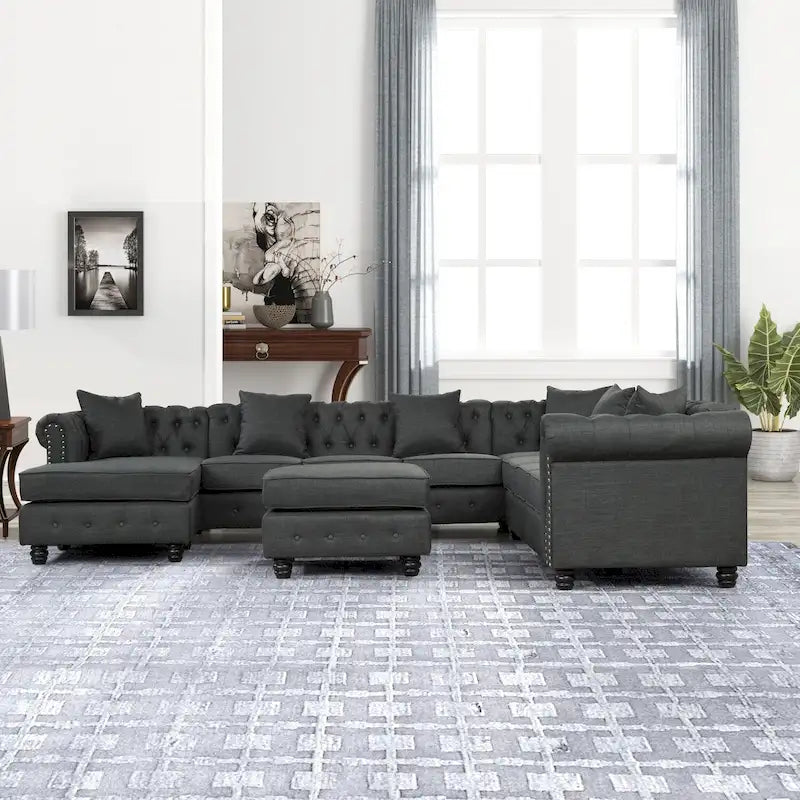 Chesterfield Sectional Sofa with Ottoman and 6 Pillows U-Shape Linen Fabric Sofa with Chaise and Rubberwood Legs for Living Room