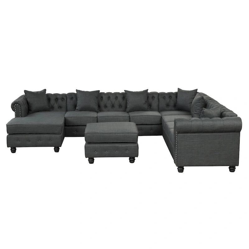 Chesterfield Sectional Sofa with Ottoman and 6 Pillows U-Shape Linen Fabric Sofa with Chaise and Rubberwood Legs for Living Room