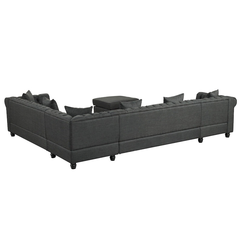 Chesterfield Sectional Sofa with Ottoman and 6 Pillows U-Shape Linen Fabric Sofa with Chaise and Rubberwood Legs for Living Room