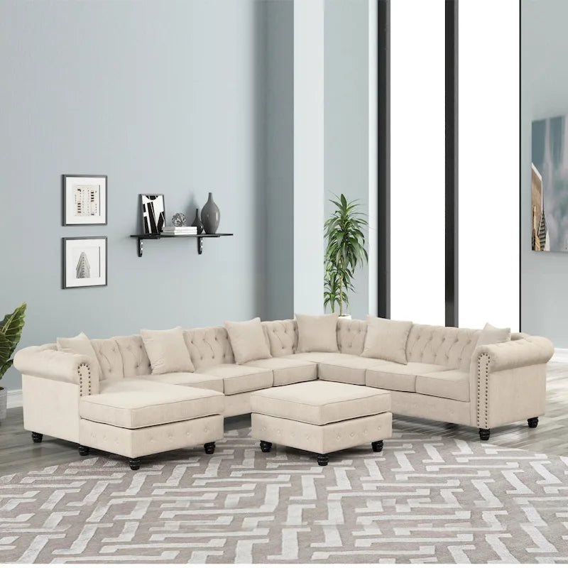 Chesterfield Sectional Sofa with Ottoman and 6 Pillows U-Shape Linen Fabric Sofa with Chaise and Rubberwood Legs for Living Room